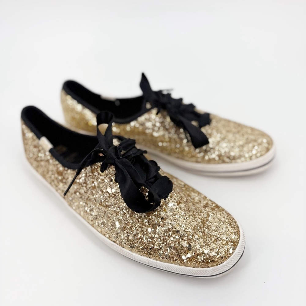 Kate Spade Keds Gold Sparkle Glitter Canvas Tennis Shoes‎ Size 9